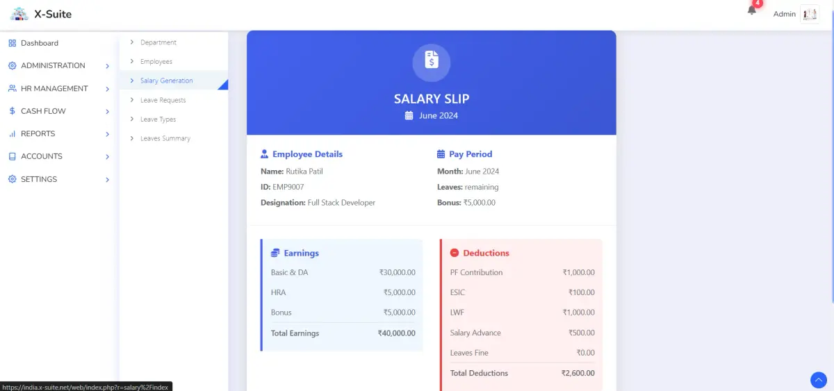 HR Module showing payroll management and employee tracking features