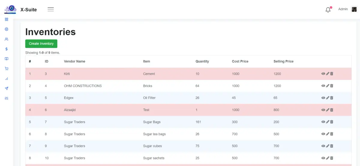 Inventory Module showing stock levels and product tracking features