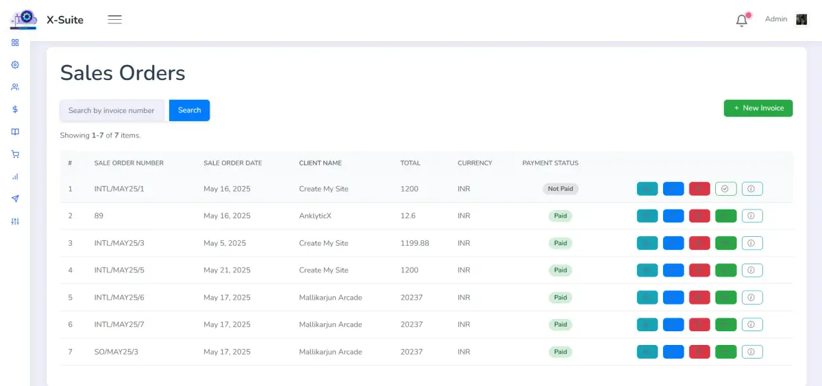 Finance Module showing invoice management dashboard with payment tracking features